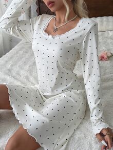 CottageSlumber Women's Lace Trim Fashion Minimalist Heart Print Long Sleeve Nightgown - Beige - View 5