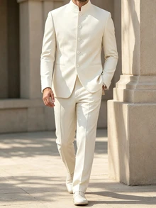 Manfinity Bizformal Men's Solid Color Long Sleeve Single-Breasted Jacket And Trousers Suit Set - Apricot - View 4
