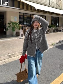 DAZY Women's Round Neck Floral Contrast Color Long Sleeve Autumn/Winter Casual Korean Style Cardigan - Grey - View 7