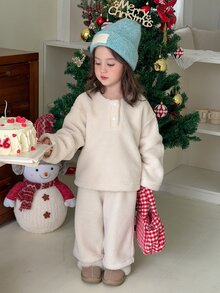DAZY Infant/Toddler (Girl) Round Neck Solid Color Autumn/Winter Long Sleeve Fleece Sweatshirt Set - White - View 8