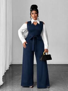Maweii Plus Size Women's Sexy Jumpsuit, Black & White Colorblock, Commute Daily Office Wear, Shirt Collar, V-Neck Design, Waist Tie, Dropped Shoulder, Cutout Detail - Navy Blue - View 5