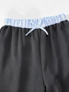 SHEIN 2件組 秋冬青少年女孩 Romweezy 寬鬆休閒設計拼色 2合1 翻領襯衫風 V領短版衛衣與寬鬆休閒寬腿拼色拼接褲套裝，適合日常穿著、通勤、休閒、度假、姊妹聚會、街頭風 - 灰色 - 查看 4