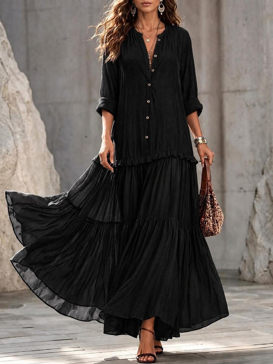 SHEIN Summer New Vintage Lapel Bohemian Contrast Mesh Casual Fashion Maxi Dress - Black - View 1