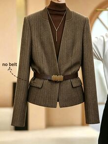 SHEIN Franclia Women Blazer Slim Fit Structured Shoulder Woolen Textured Knit Collar Single Breasted Old Money Brown Geometric Fall Clothes For Women - Coffee Brown - View 1