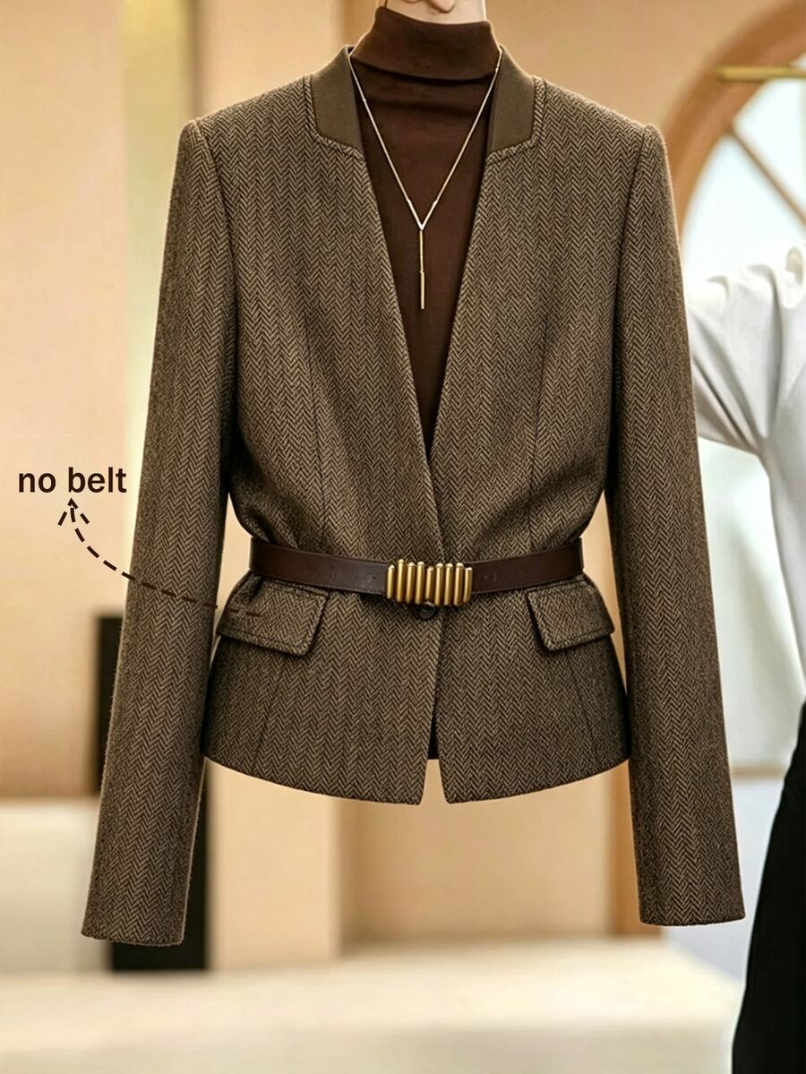 SHEIN Franclia Women Blazer Slim Fit Structured Shoulder Woolen Textured Knit Collar Single Breasted Old Money Brown Geometric Fall Clothes For Women - Coffee Brown - View 1