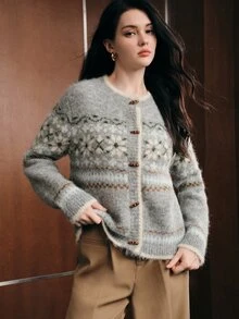Anewsta Cardigan Rajut Jacquard Abu-abu Longgar dan Nyaman untuk Wanita, Cocok untuk Musim Dingin - Grey - View 6