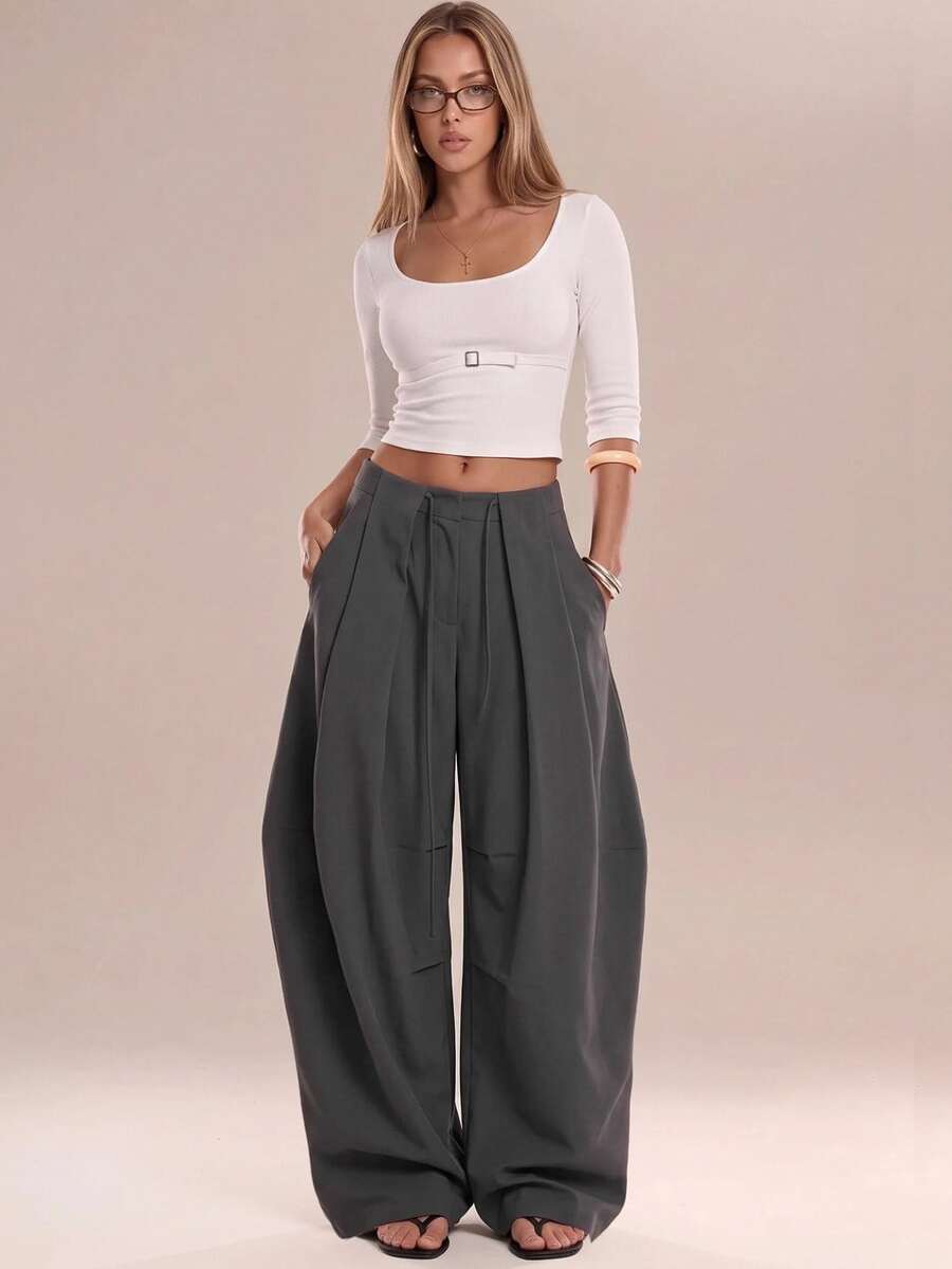 Avantive Women's Simple Pleated Tie Waist Loose Long Pants For Vacation & Travel - Grey - View 1