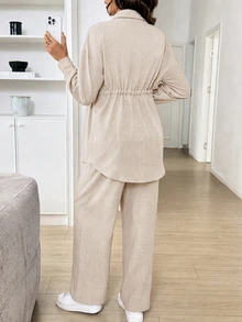 SHEIN 孕婦純色落肩長袖抽繩收腰上衣與可調腰長褲休閒兩件套秋季 - 杏色 - 查看 2