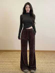 DAZY Women's Elastic Waist Drawstring Tie Pocket Elegant Long Pants - Brown - View 7