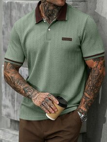 Manfinity CasualCool 男士對比色休閒日常短袖 Polo 衫 - 綠色 - 查看 5