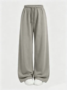 SHEIN Tween女孩秋冬保暖內裡加厚簡約寬鬆直筒運動長褲，花卉灰色休閒運動風日常穿著長褲 - 灰色 - 查看 2