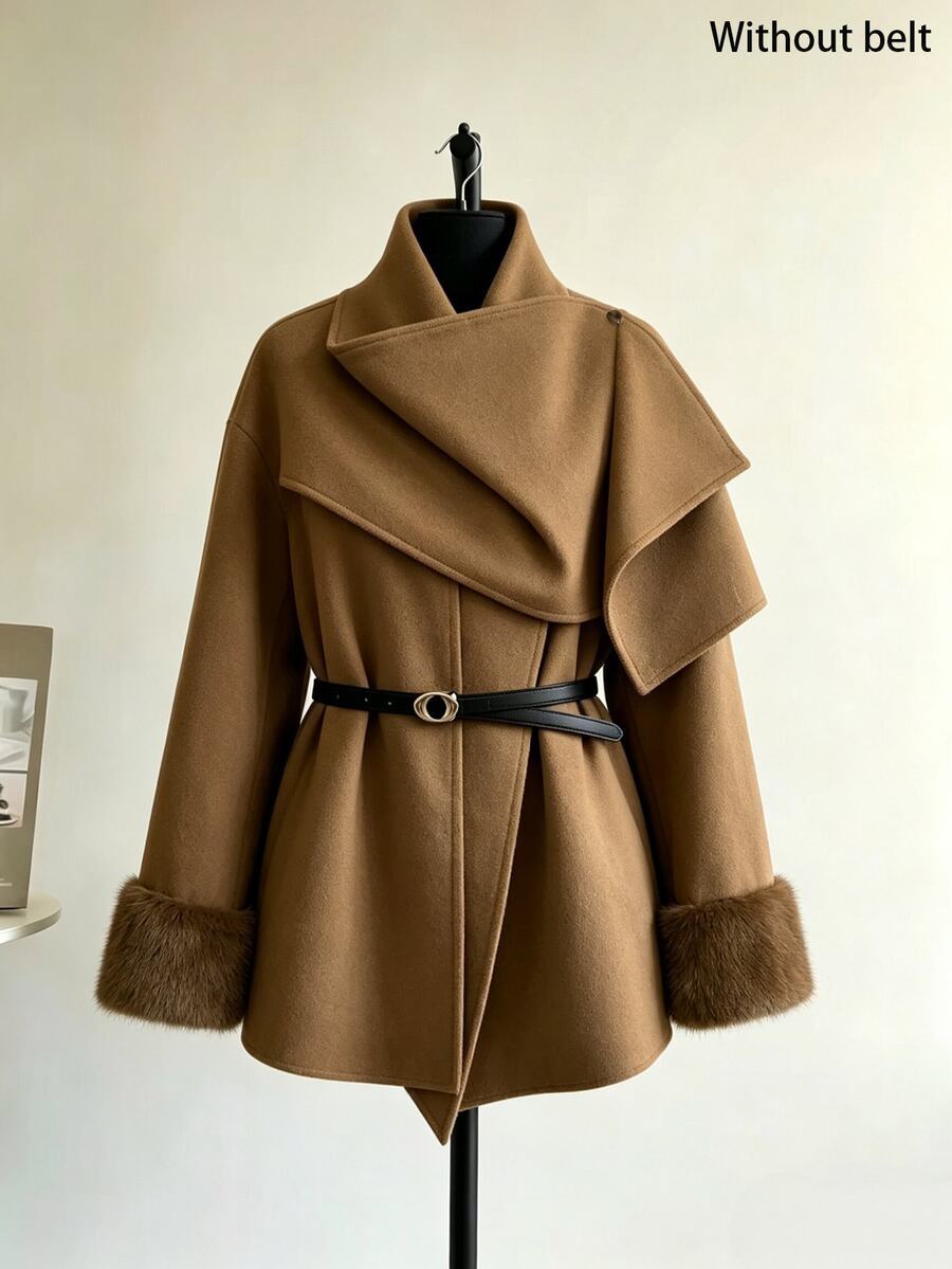 SHEIN Franclia Mantel Panjang Elegan Wanita Warna Polos dengan Manset Bulu dan Plaket Asimetris - Coklat - View 1