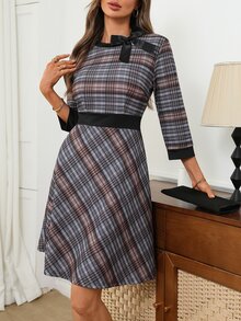 EMERY ROSE Plaid Tweed A-Line Dress With Bow Detail & Contrast Trim, Round Neck 3/4 Sleeve Fit & Flare Mini Dress For Work Fall - Multicolor - View 5