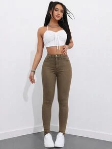 SHEIN ICON 女款休閒日常牛仔褲，附口袋與鈕扣 - 棕色 - 查看 5