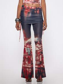 MUSERA Red Contrast Mesh Foldover Ruched Trouser Fall Winter Festival Cool Women Outfit - Multicolor - View 1