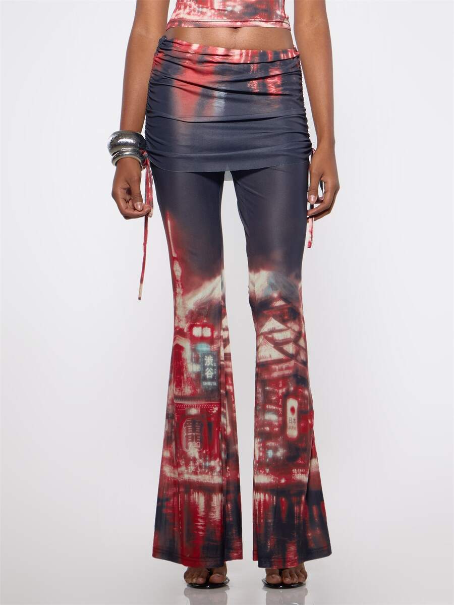 MUSERA Red Contrast Mesh Foldover Ruched Trouser Fall Winter Festival Cool Women Outfit - Multicolor - View 1