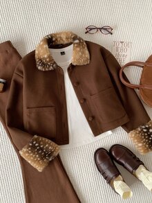 Comfortcana Women's Vintage Faux Fur Patchwork Cuff Button Jacket - Brown - View 4