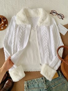 Comfortcana Women's Patchwork Fur Collar Long Sleeve Cable Knit Cardigan - Apricot - View 4