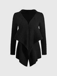 ROMWE Gothic Wanderer Style Hooded Asymmetrical Hem Ribbed Long Sleeve Cardigan For Women - Black - View 6