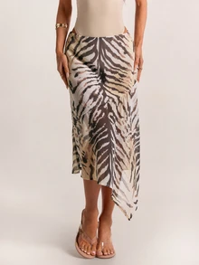 SHEIN BAE Fall Apricot Animal Print High Waist Asymmetrical Flowy Chiffon Midi Skirt Vacation Boho Date Street Casual Beach - Multicolor - View 4