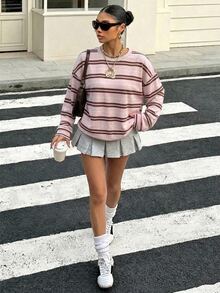 Muchica Plus Size Striped Colorblock Long Sleeve Crew Neck T-Shirt, College Style For Party - Multicolor - View 6