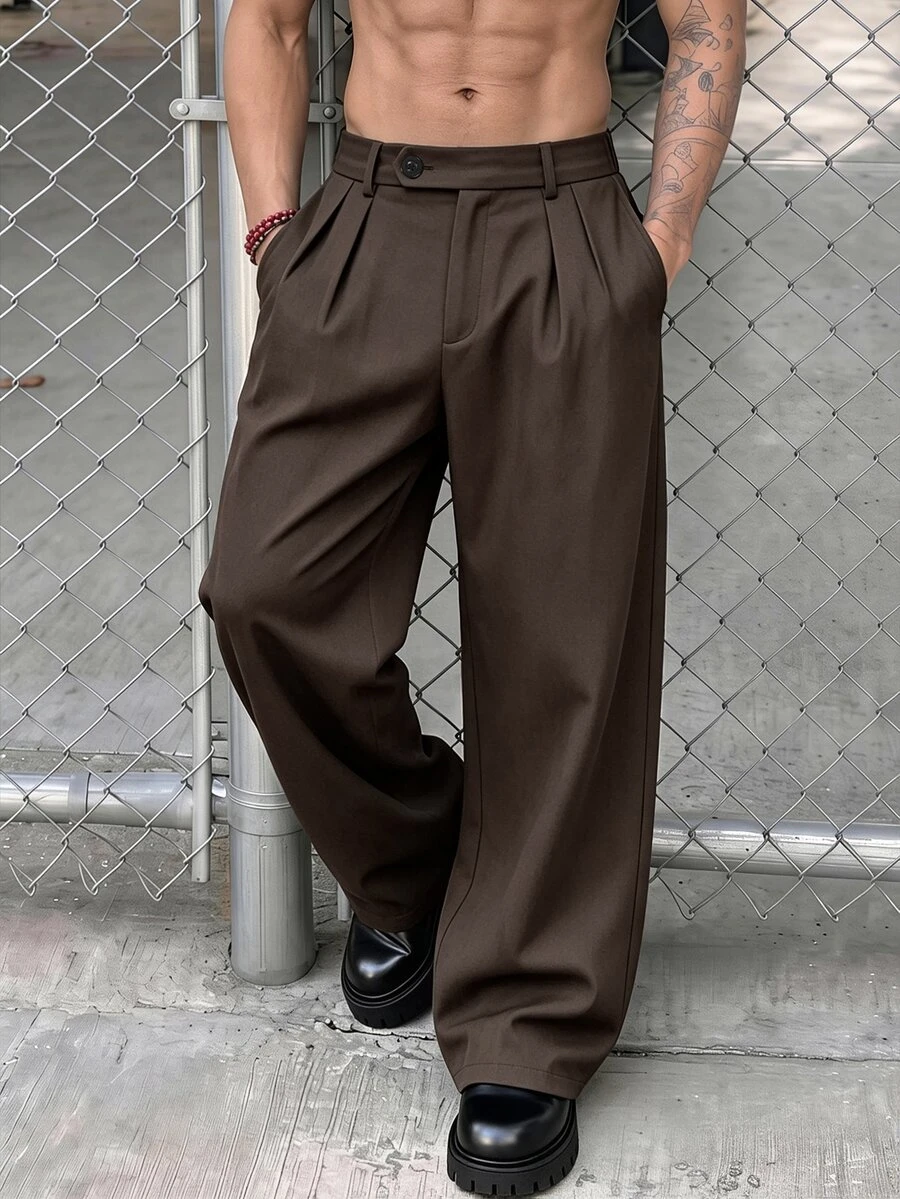 SLATEMANN Men's Black Long Pants, Fashionable Dress Pants, Minimalist Loose Casual Trousers - Coffee Brown - View 1
