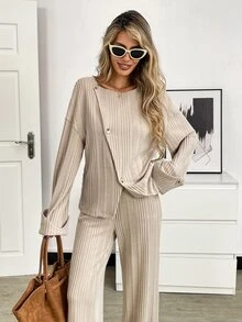 Elyressa Women's 2 Pieces Set, Comfortable Home Casual Textured Fabric Asymmetrical Button Decor Fold-Over Long Sleeve Top And Wide Leg Long Pants, Autumn/Winter - Multicolor - View 5