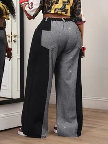 Slaydiva Celana Jeans Lebar dengan Kancing Saku dan Warna Kontras Ukuran Plus, Cocok untuk Liburan, Jalan-jalan, Musim Gugur, Kasual, dan Anti Sosial. - Hitam - View 2