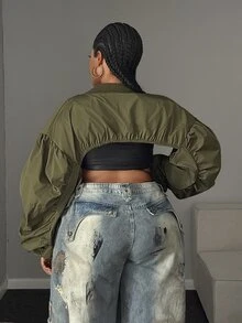 Maweii Plus Size Green Streetwear Cropped Jacket Fall - Green - View 2