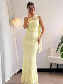 Firerie 女款夏季優雅浪漫時尚通勤性感優雅風不對稱肩修身長洋裝，適合派對、海灘度假、返校、浪漫約會、婚禮季、生日、復活節，春夏洋裝 - 淡黃色 - 查看 9