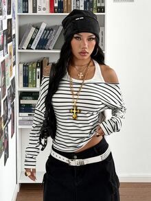StreetHx Women's Street Style 2 In 1 Halter Neck Slim Fit Flattering Striped T-Shirt - Black and White - View 3