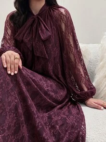 Yasveil Women's Wine Red Knitted Lace Long Sleeve Cinched Waist A-Line Elegant Romantic Arabian Dress - Burgundy - View 10