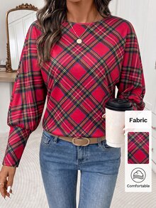 SHEIN Clasi 女款紅格紋圓領羊腿袖休閒復古百搭T恤，聖誕女裝辦公穿搭 - 紅色 - 查看 1