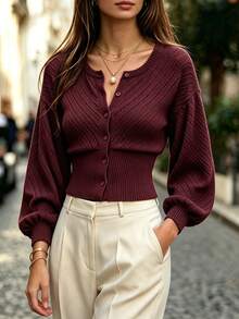 Balvessa Women's Solid Color Drop Shoulder Long Sleeve Single-Breasted Knit Thin Cardigan - Burgundy - View 4
