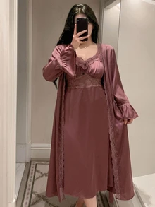 Dazy Plus Contrast Lace Elegant Long Nightgown & Long Cardigan Robe, Spring/Autumn New Red Sleepwear Set - Red Violet - View 1
