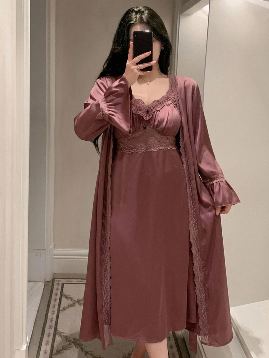 Dazy Plus Contrast Lace Elegant Long Nightgown & Long Cardigan Robe, Spring/Autumn New Red Sleepwear Set - Red Violet - View 1