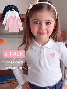 Elladie kids 女童 3件組長袖 Polo 衫，立領精緻愛心刺繡，修身長袖 T-shirt，適合返校季 - 彩色 - 查看 1