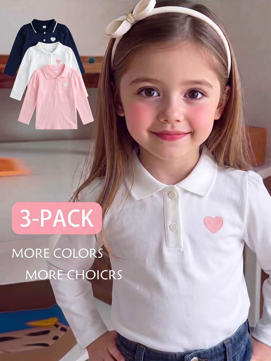 Elladie kids 女童 3件組長袖 Polo 衫,立領精緻愛心刺繡,修身長袖 T-shirt,適合返校季 - 彩色 - 查看 1