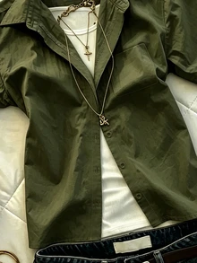 IslaSuriya Women's Summer Solid Color Casual Versatile Daily Wear Shirt Office Olive Green - Army Green - View 3