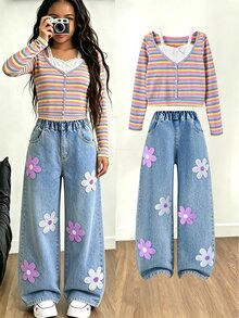 SHEIN 2Pcs Tween Girls Cute Patchwork V-Neck Long Sleeve T-Shirt & Embroidered Denim Pants Set, Autumn - Multicolor - View 3