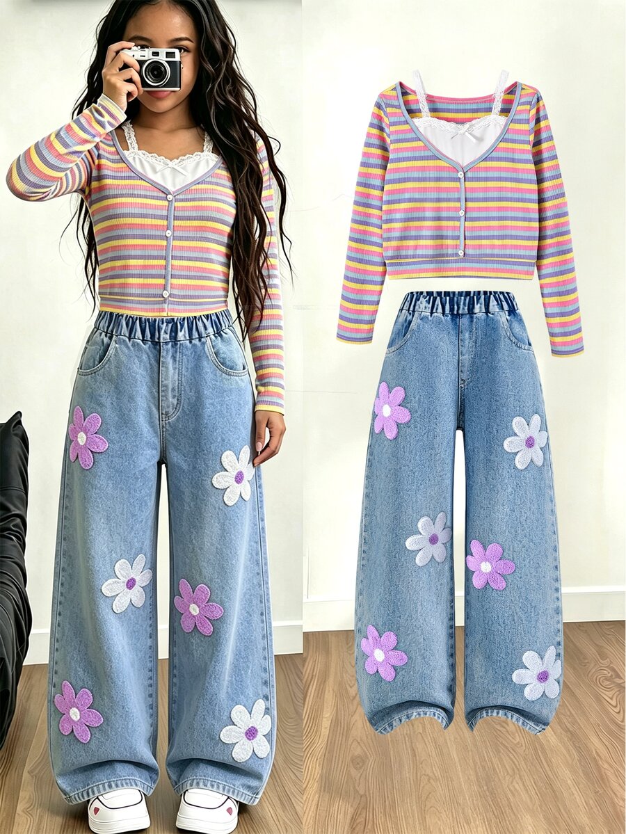 SHEIN طقم من قطعتين للبنات المراهقات: تي شيرت لطيف بتصميم مرقع وياقة على شكل حرف V وأكمام طويلة & بنطلون جينز مطرز، خريف - متعدد الألوان - مشاهدة 1