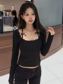 DAZY Solid Color Contrast Lace Trim Bow Long Sleeve Square Neck Elegant Sexy Vacation Spring Autumn Women's T-Shirt - Black - View 4