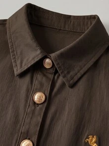SHEIN MOD 女款刺繡圖案休閒日常牛仔外套 - 棕色 - 查看 6