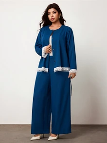 Enliva 大尺碼女款兩件式褲裝套裝，長袖荷葉邊上衣搭配寬腿褲，蕾絲飾邊優雅穿搭，修飾身形，適合蘋果型身材，秋季款 - 藏蓝色 - 查看 5