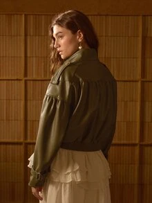 MOTF STUDIO WOMEN'S AUTUMN PU DROPPED SHOULDER RUCHED FLIGHT JACKET - Army Green - View 4
