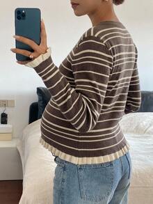 Dazy Maternity Contrast Color Striped Fitted Long Sleeve Ruched Ruffle Round Neck Casual Vacation Street Korean Style Autumn/Winter Knit Cardigan For Pregnant Women - Brown - View 2