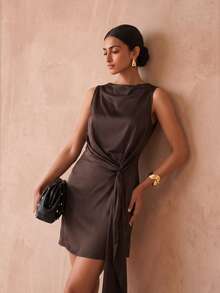 Zivah Women's Solid Color Waist Knot Elegant Sleeveless Short Dress - Brown - View 5