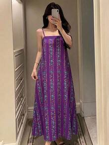 DAZY 夏季海灘度假風花卉印花寬鬆細肩帶長款女式睡裙 - 紫色 - 查看 3