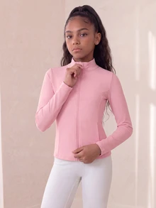 SHEIN 青少年女孩粉色貼身防曬運動套裝 瑜伽服 訓練 皮拉提斯 跑步 戶外活動 健身房 秋季休閒寬鬆健身服 - 粉色 - 查看 4