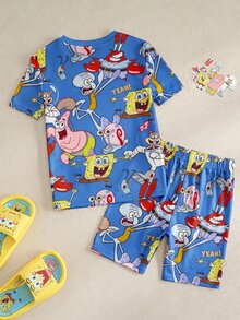 SpongeBob SquarePants | SHEIN 小男孩卡通印花短袖上衣與短褲居家服套裝 - 藍色 - 查看 2